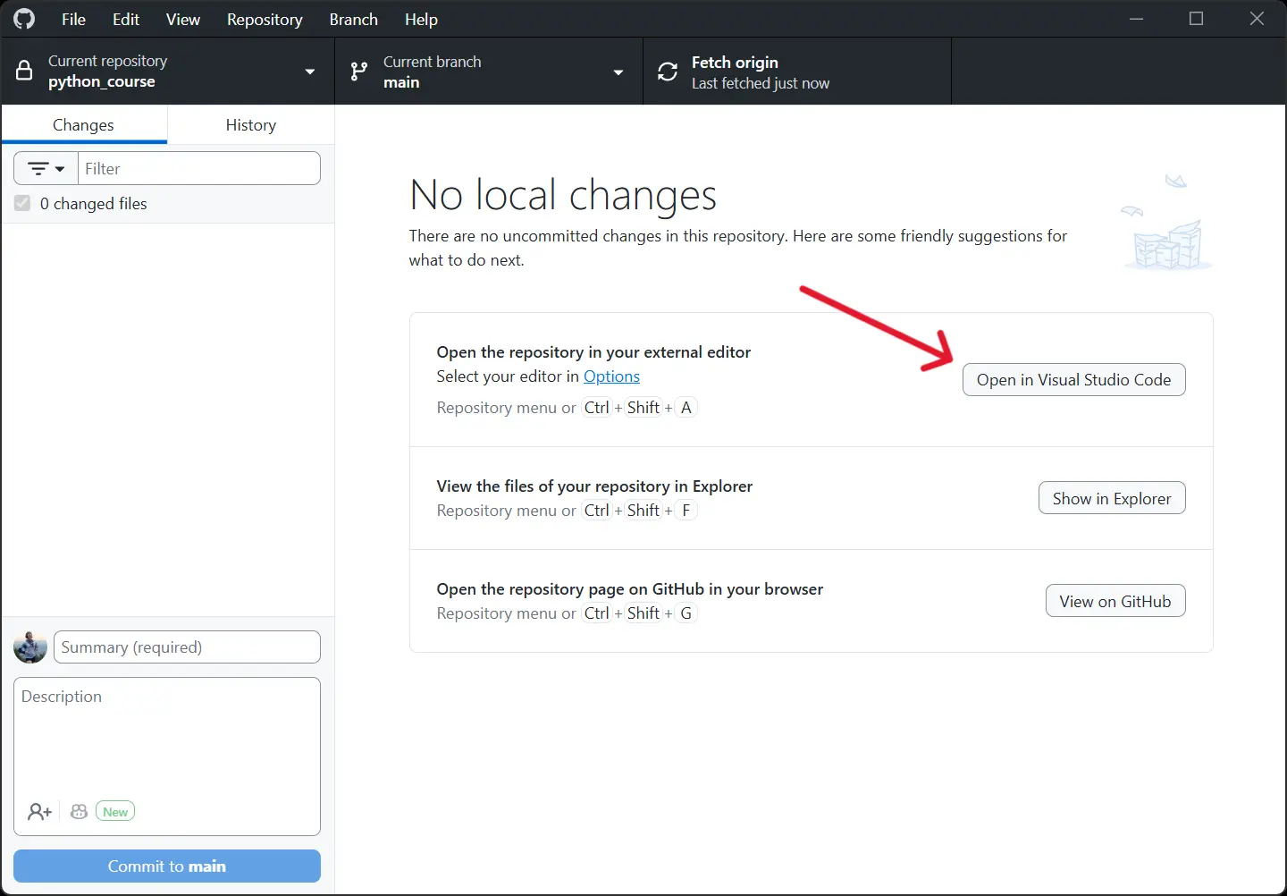 GitHub Desktop showing the cloned pythonessentials repository with the Open in Visual Studio Code button