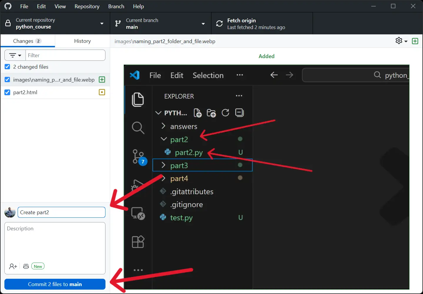 GitHub Desktop showing part2.py as a changed file with a commit message entered and the Commit to main button ready to click