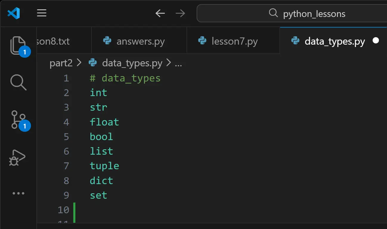 a python window showing data types
