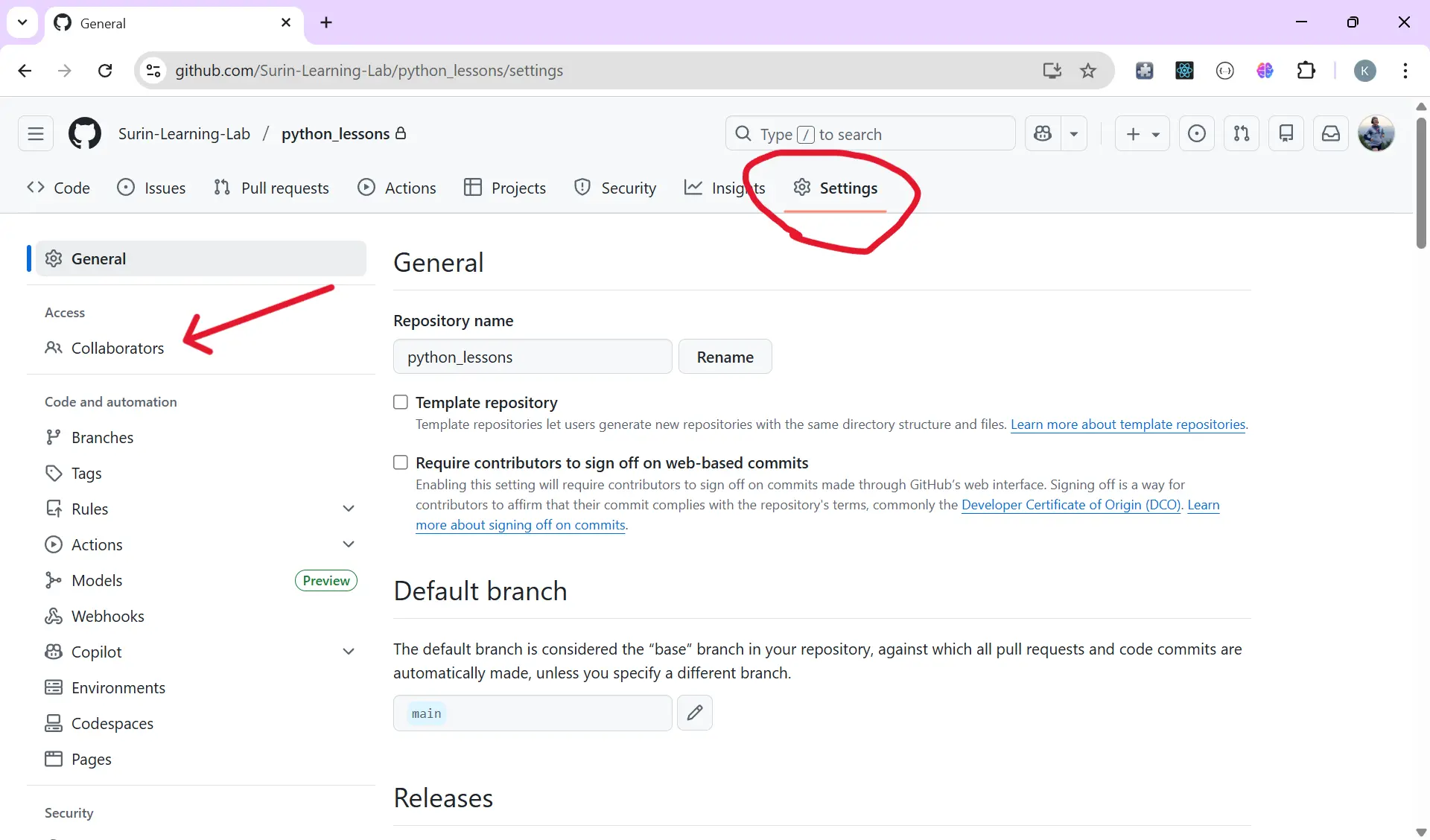 GitHub repository settings page with Collaborators selected in the left sidebar