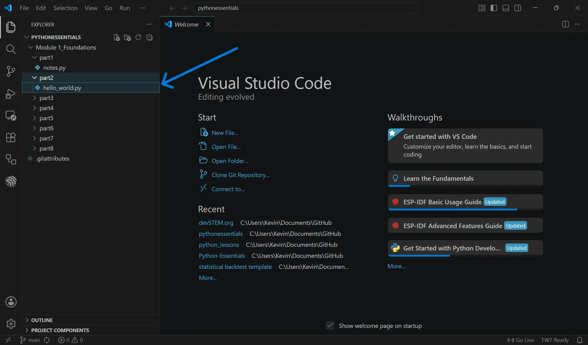 VS Code showing the cloned pythonessentials folder structure with part2 folder and part2.py file visible in the Explorer panel