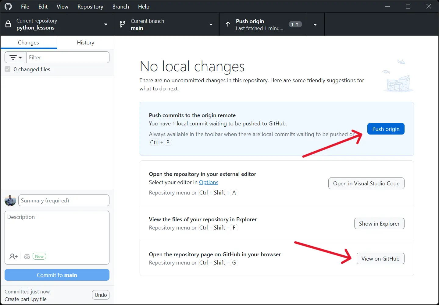 GitHub Desktop showing the View on GitHub button