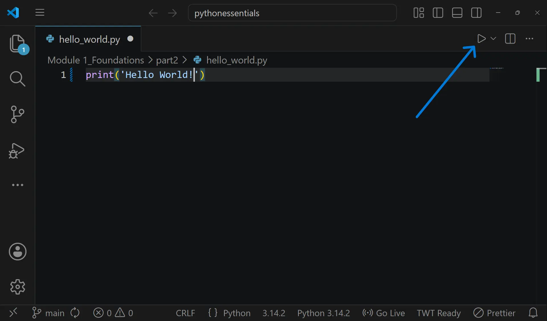 VS Code with print Hello World typed in part2.py and the run button highlighted in the top right corner