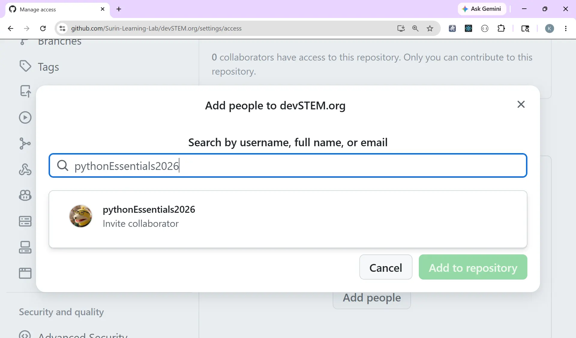 GitHub collaborators search box with pythonEssentials2026 typed in