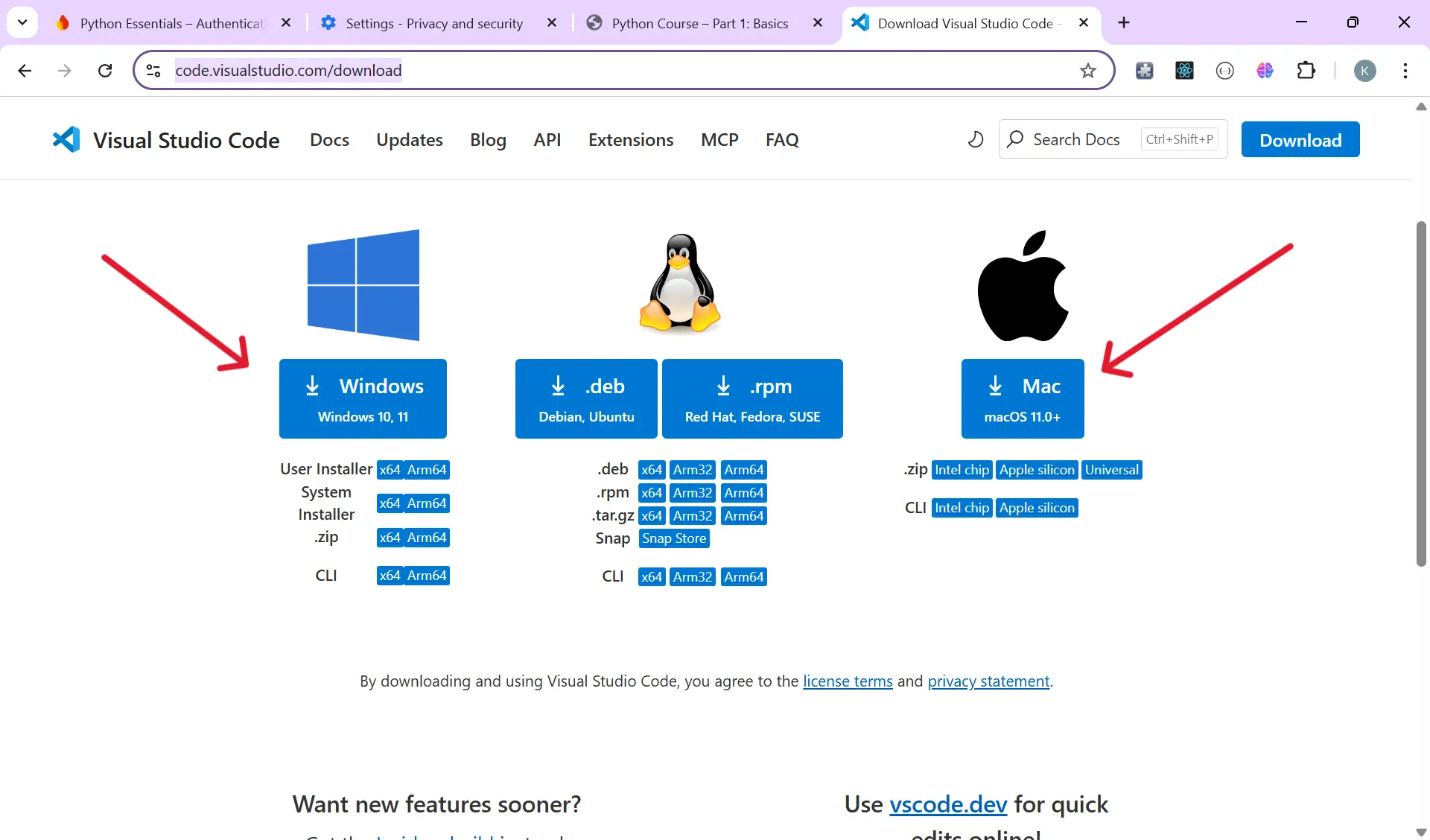 VS Code download page